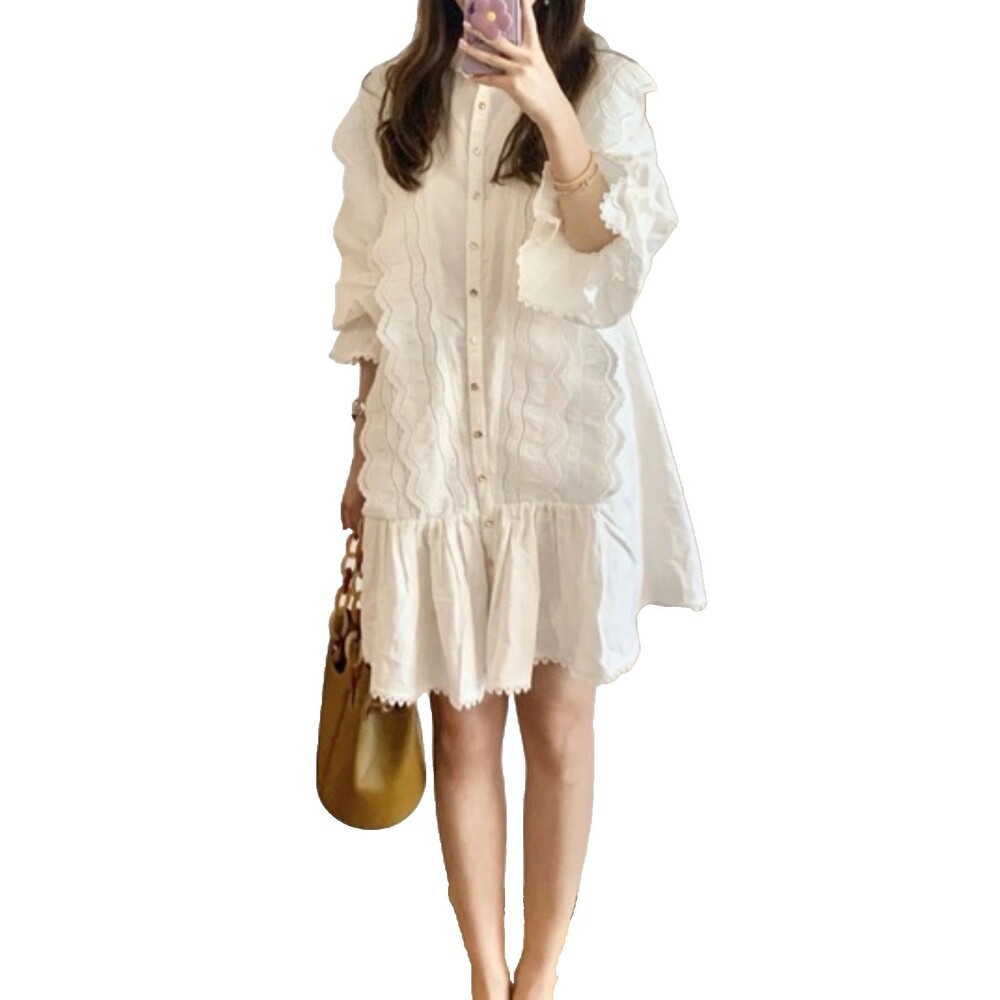 Keepsake the Label White Tan Romantic Laced Ruffles Puff Sleeves Tunic Top L